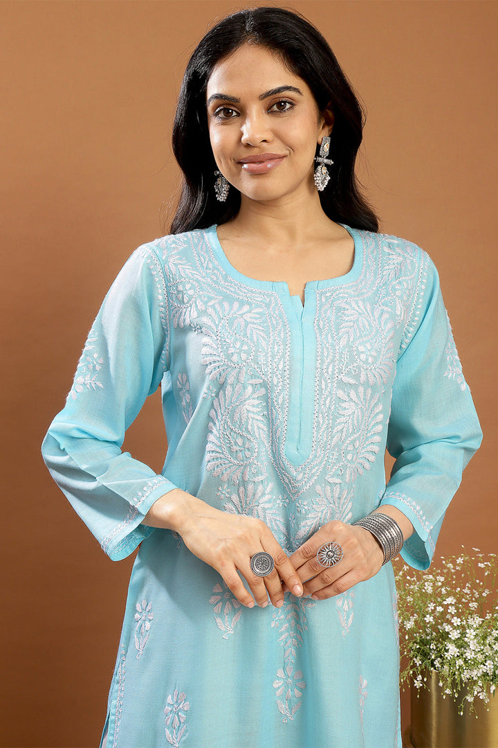 Blue-Modal-Embroidered-Chikankari-Solid-Kurta