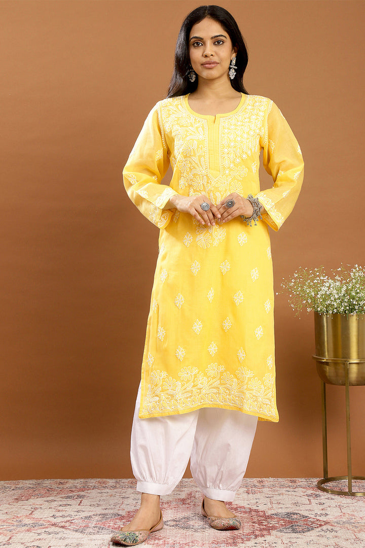 Yellow-Cotton-Chikankari-Kurta-With-Slip