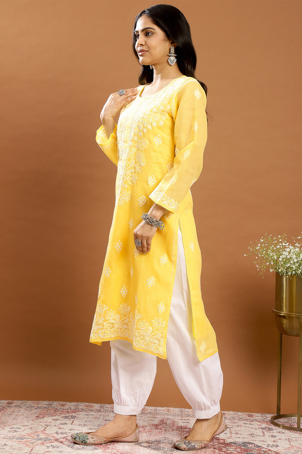 Yellow-Cotton-Chikankari-Kurta-With-Slip