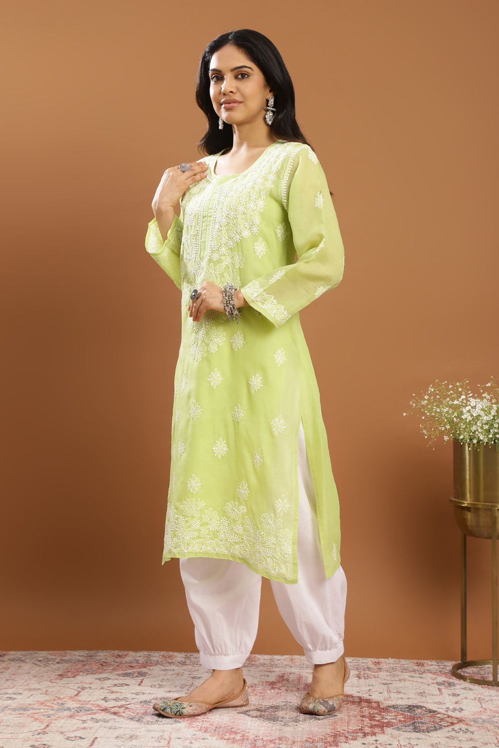 Green-Cotton-Chikankari-Kurta-With-Slip