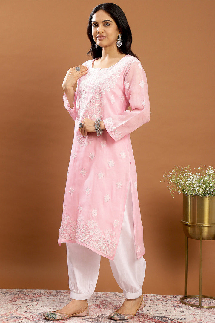 Pink-Cotton-Embroidered-Chikankari-Kurta-With-Slip