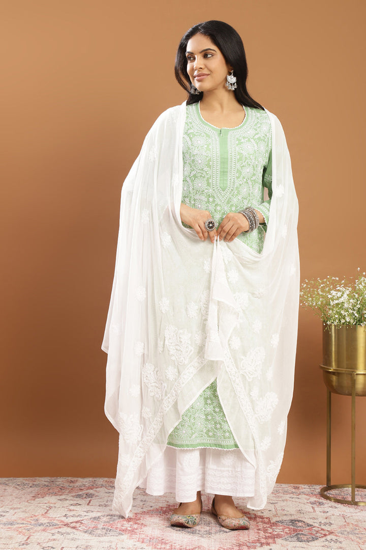 Green-Mul-Cotton-Chikankari-Designer-Kurta-With-Slip