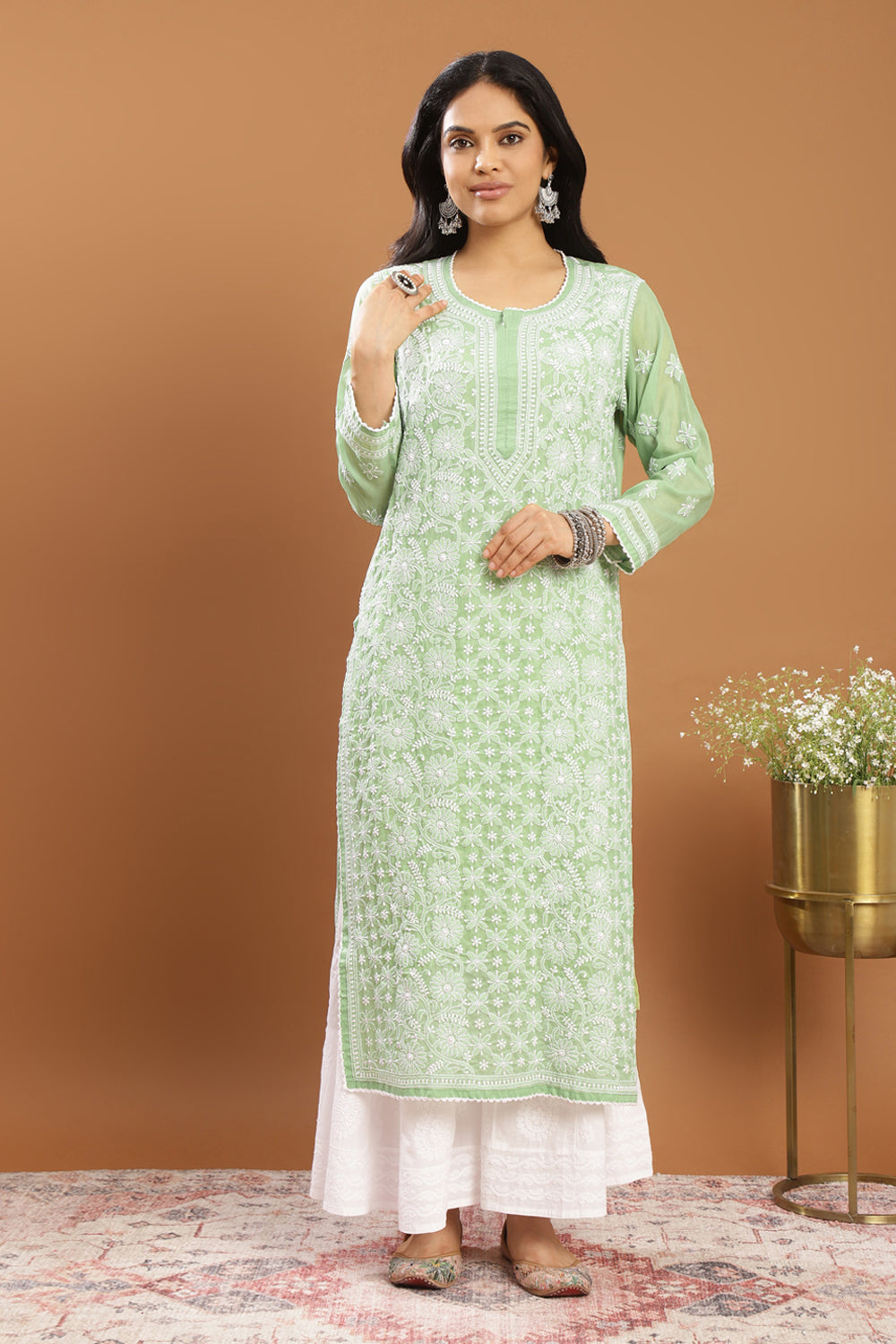 Green-Mul-Cotton-Chikankari-Designer-Kurta-With-Slip