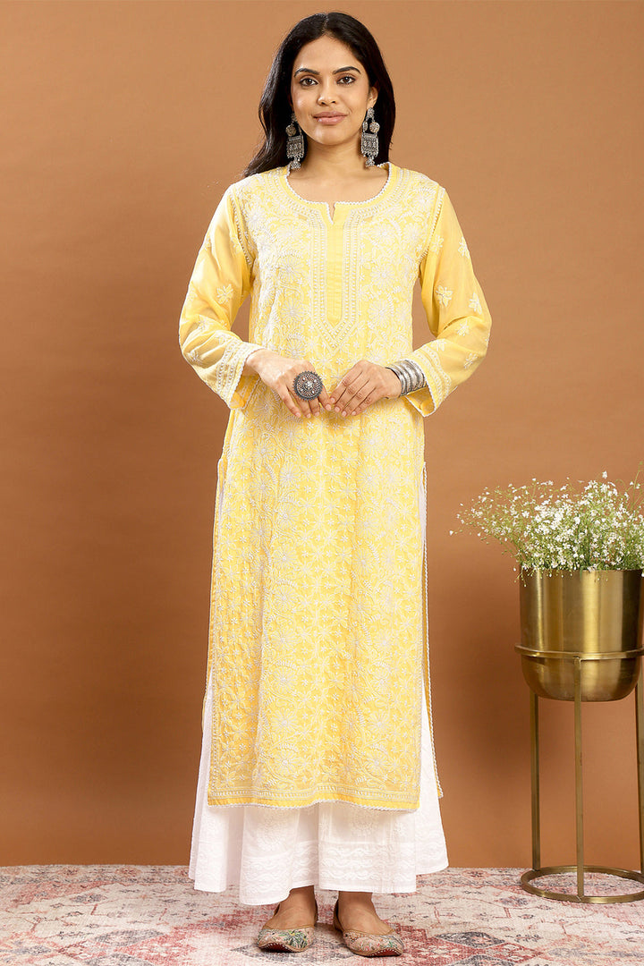 Yellow-Mul-Cotton-Chikankari-Designer-Kurta-With-Slip