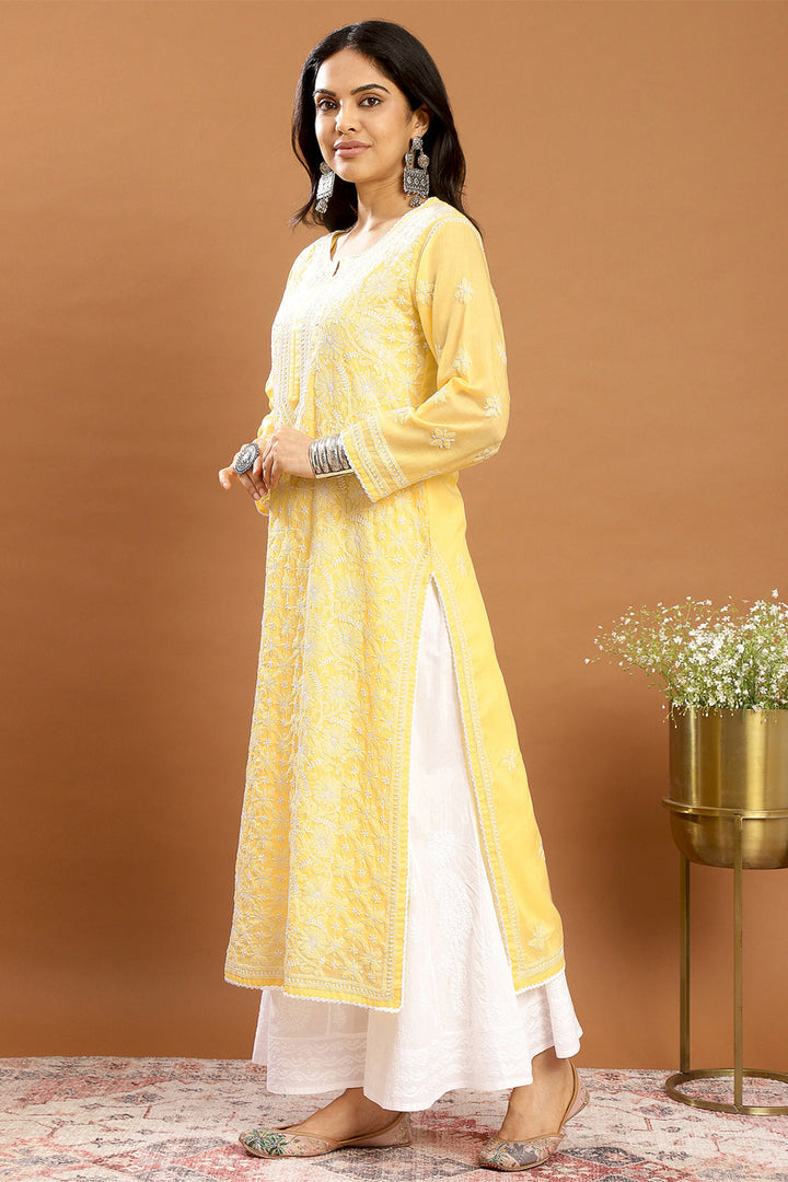 Yellow-Mul-Cotton-Chikankari-Designer-Kurta-With-Slip