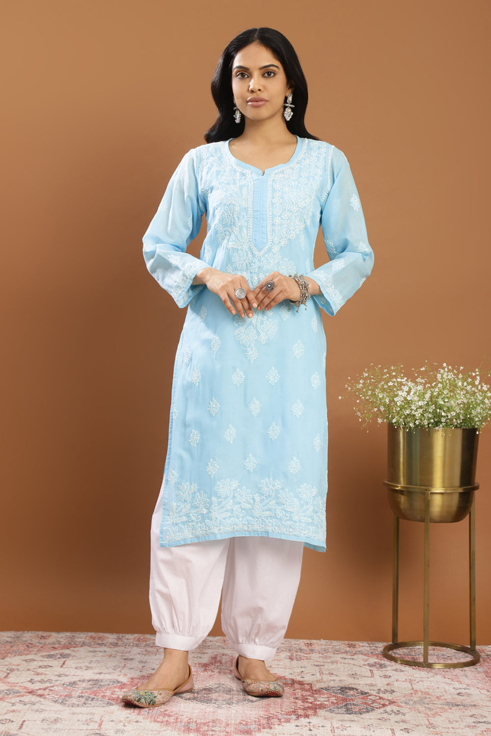 Blue-Cotton-Chikankari-Kurta-With-Slip