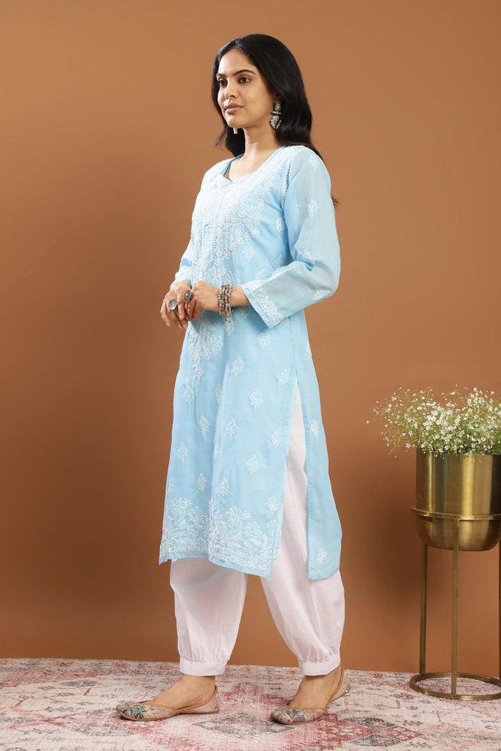 Blue-Cotton-Chikankari-Kurta-With-Slip