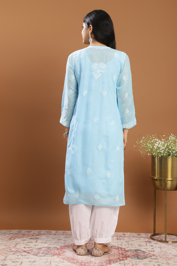 Blue-Cotton-Chikankari-Kurta-With-Slip