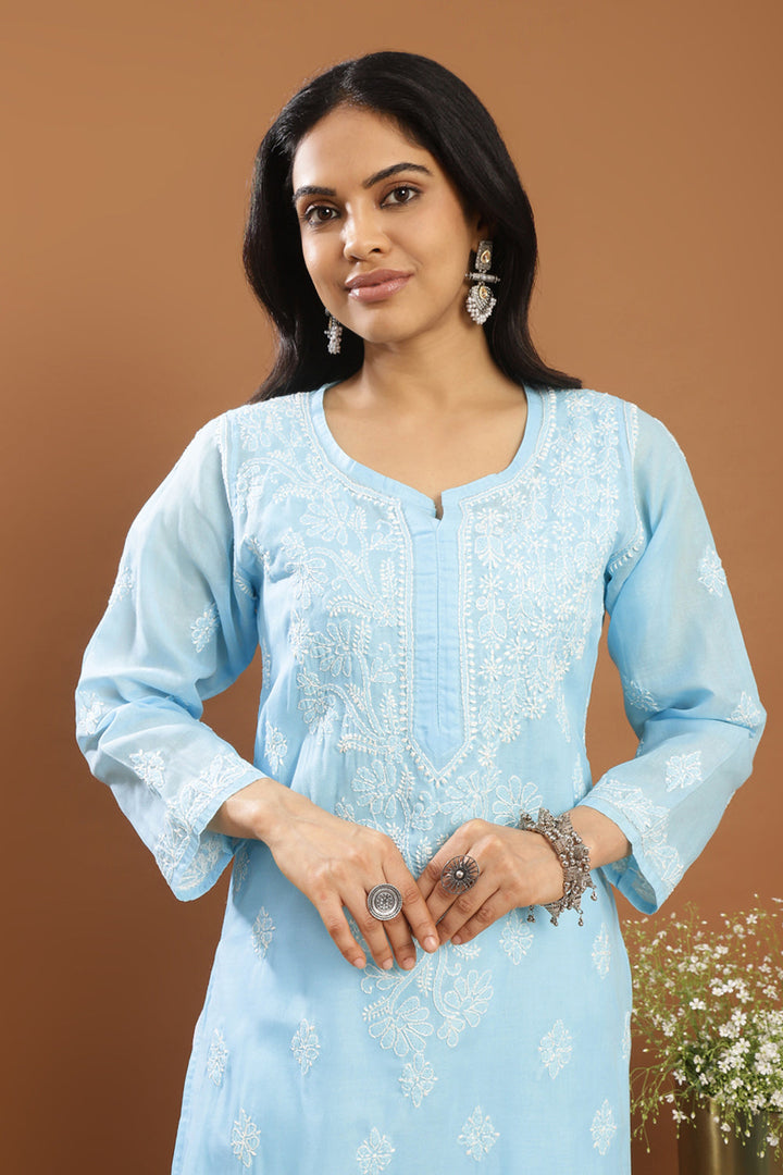 Blue-Cotton-Chikankari-Kurta-With-Slip