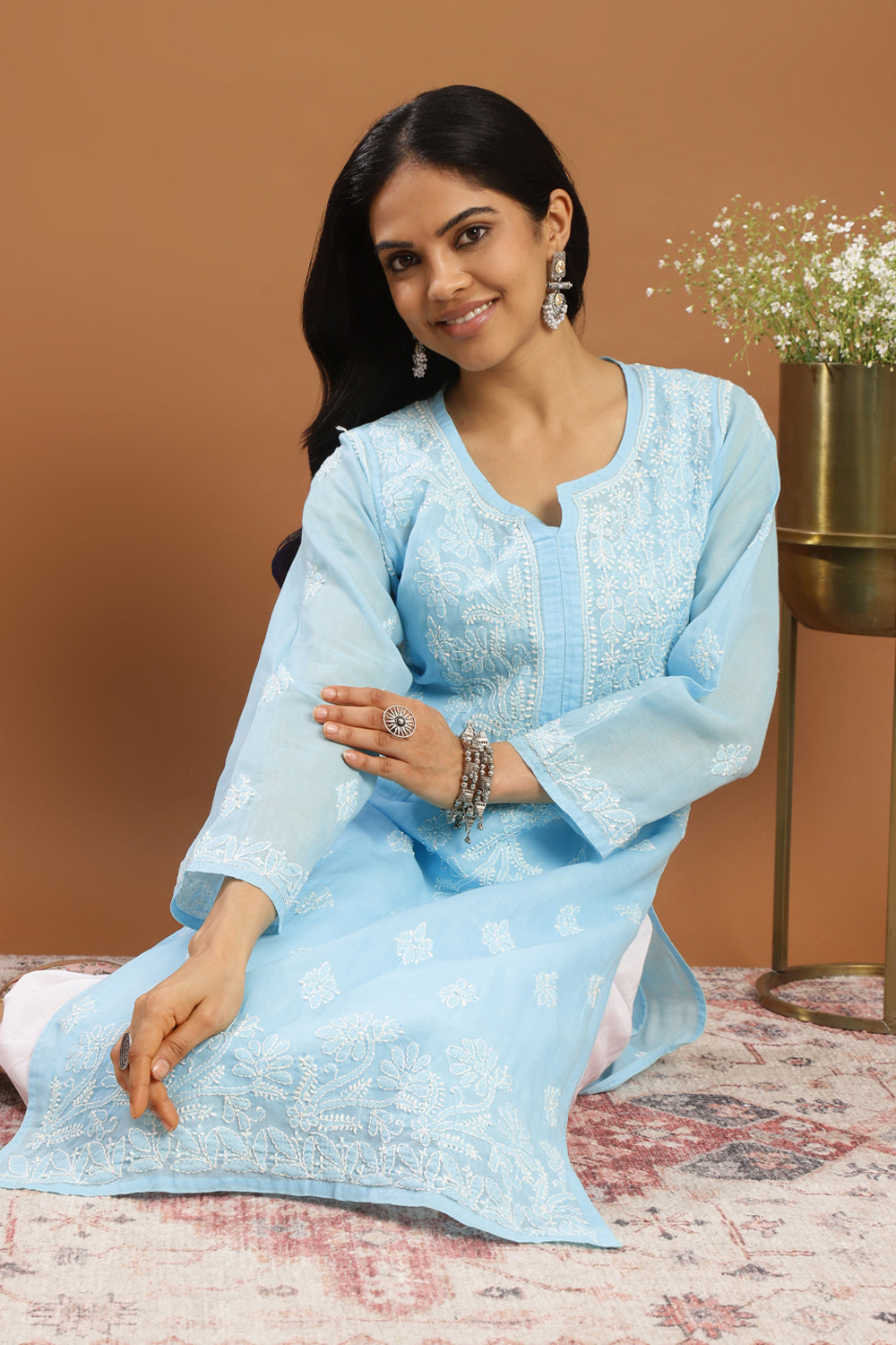 Blue-Cotton-Chikankari-Kurta-With-Slip