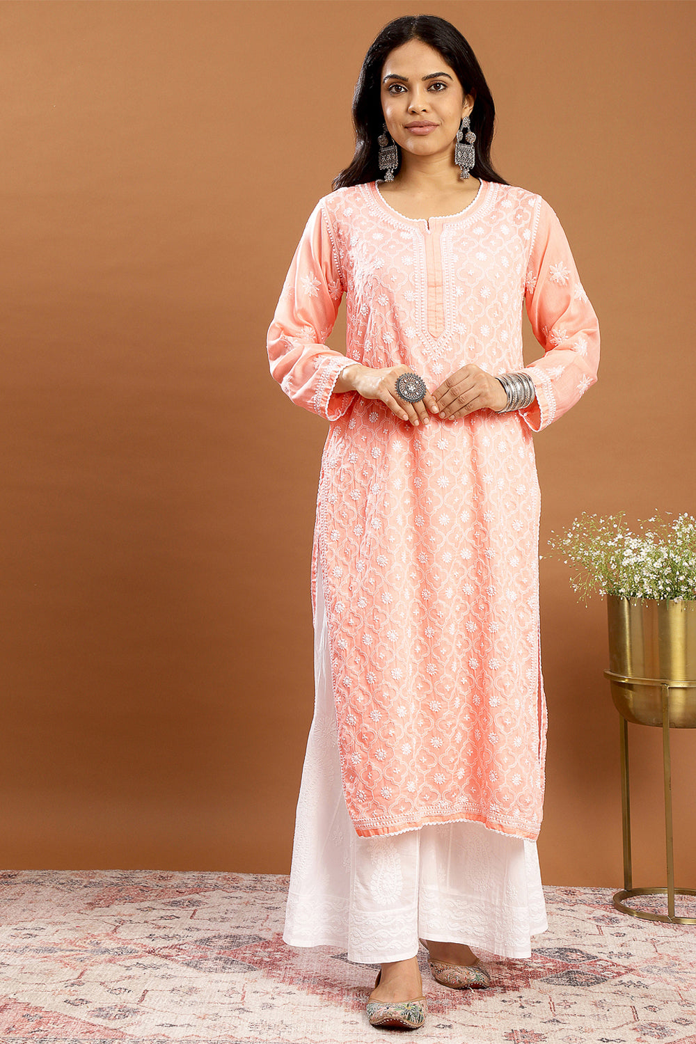 Peach-Mul-Cotton-Chikankari-Designer-Kurta-With-Slip