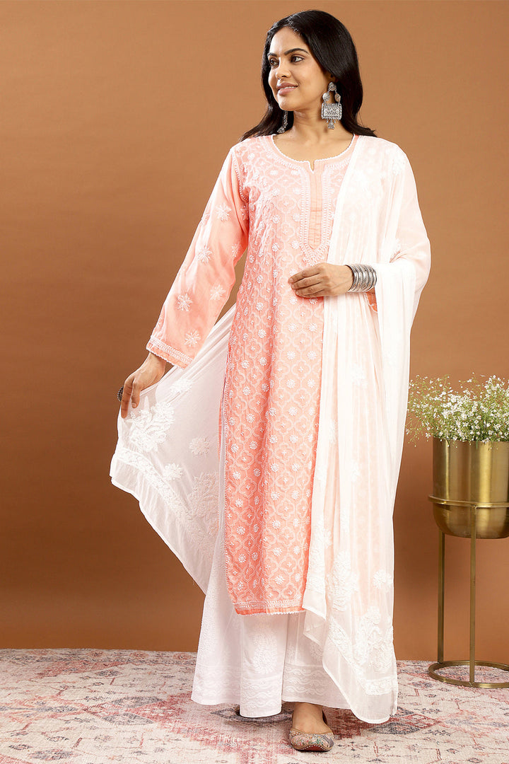 Peach-Mul-Cotton-Chikankari-Designer-Kurta-With-Slip