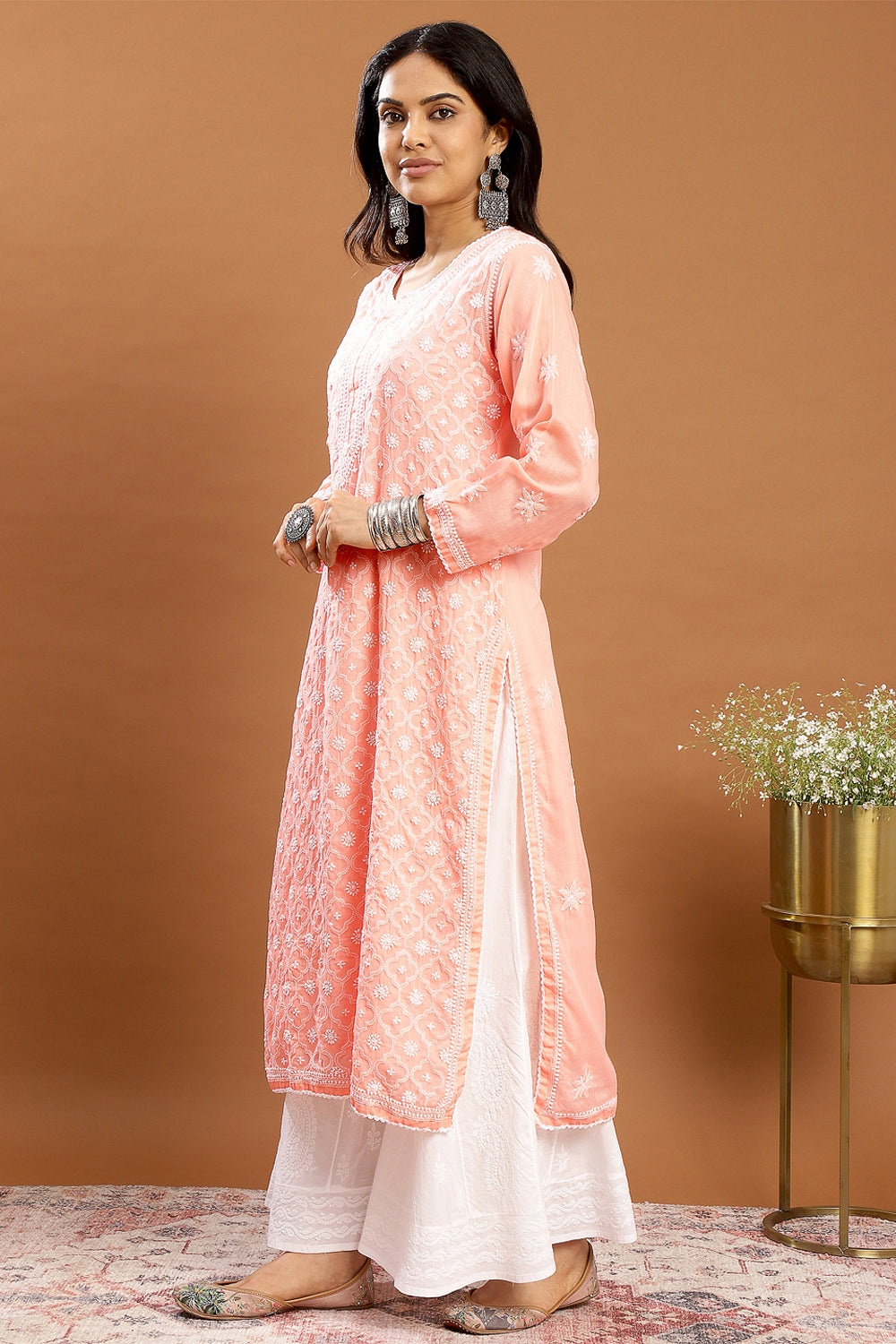 Peach-Mul-Cotton-Chikankari-Designer-Kurta-With-Slip