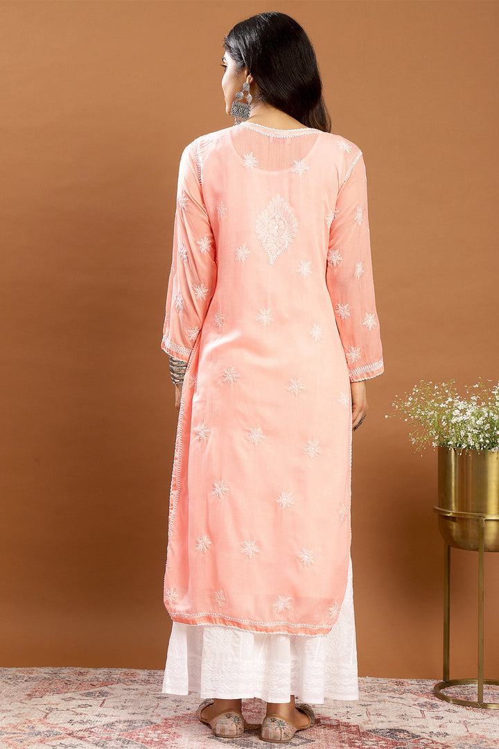 Peach-Mul-Cotton-Chikankari-Designer-Kurta-With-Slip