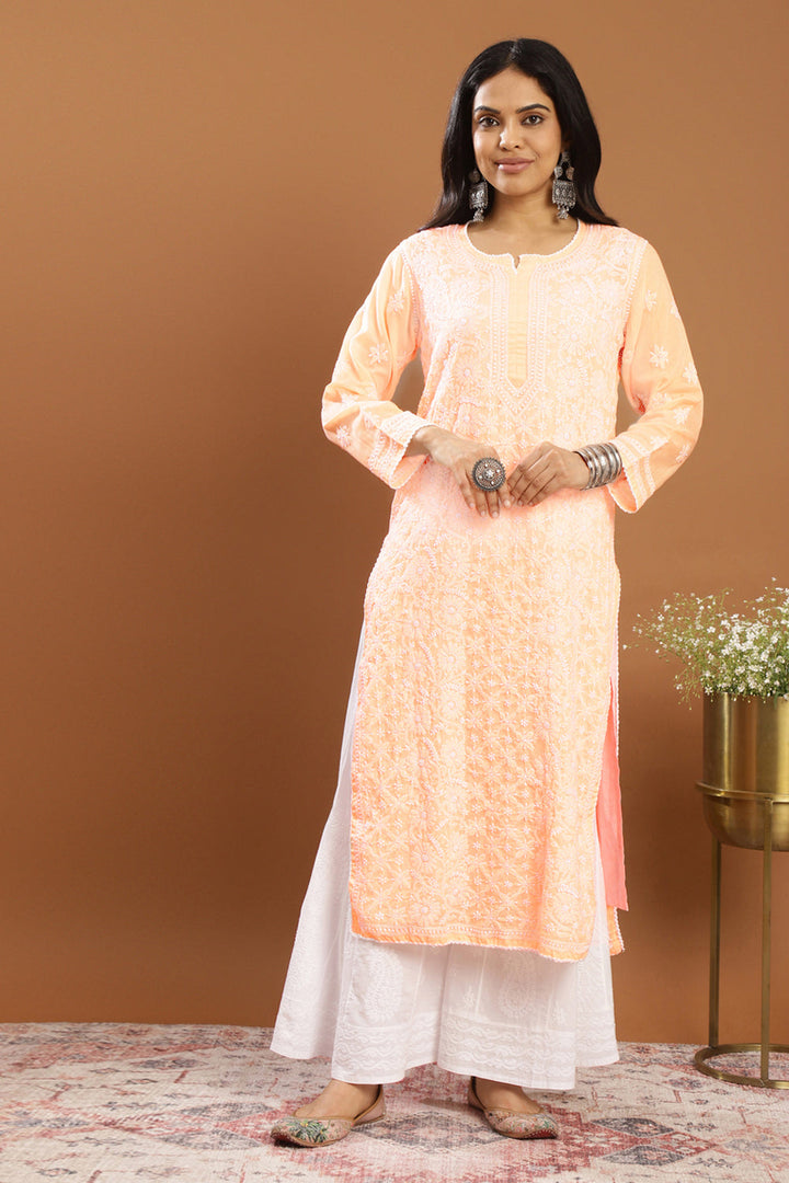 Orange-Mul-Cotton-Chikankari-Designer-Kurta-With-Slip