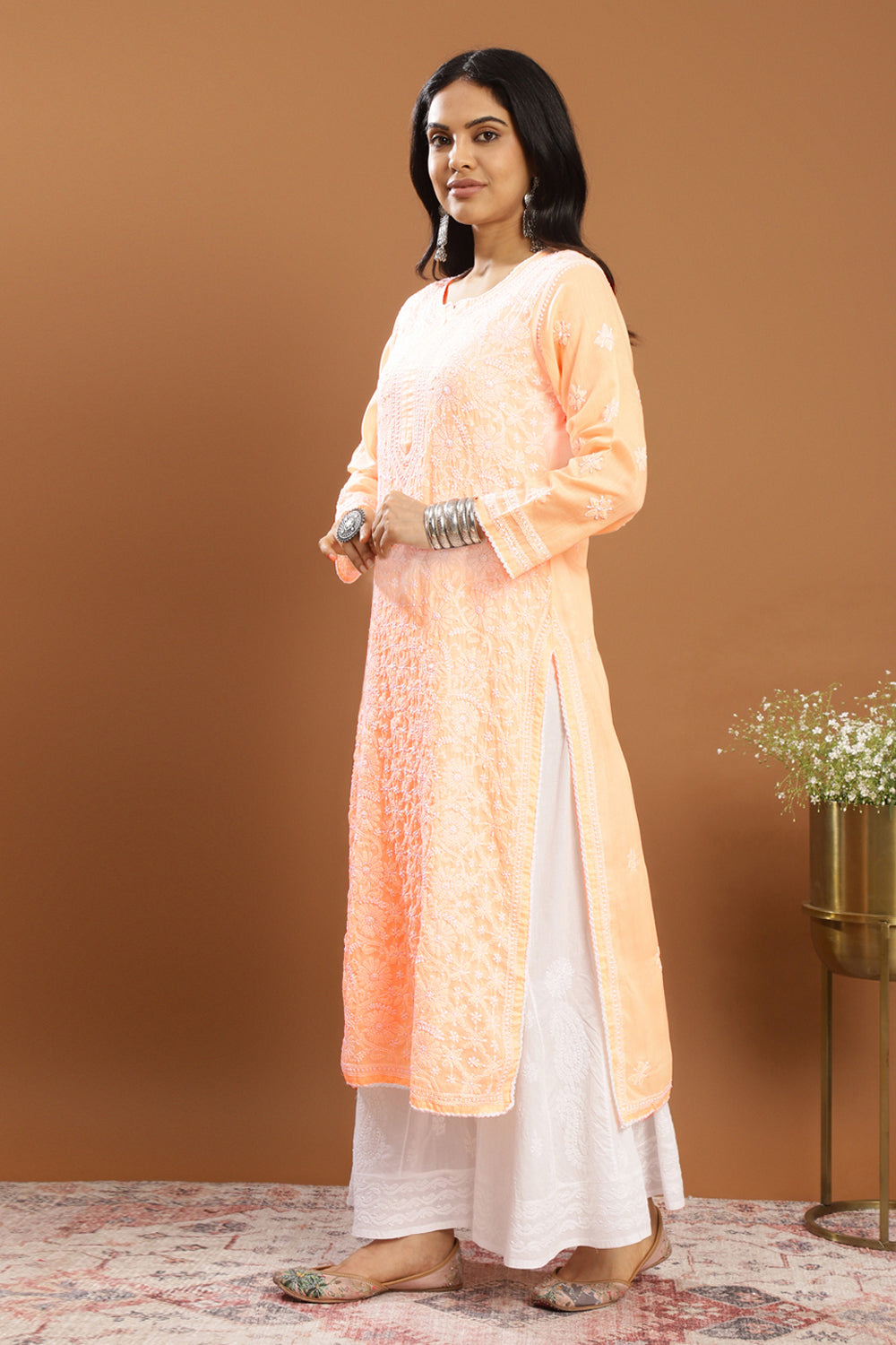 Orange-Mul-Cotton-Chikankari-Designer-Kurta-With-Slip