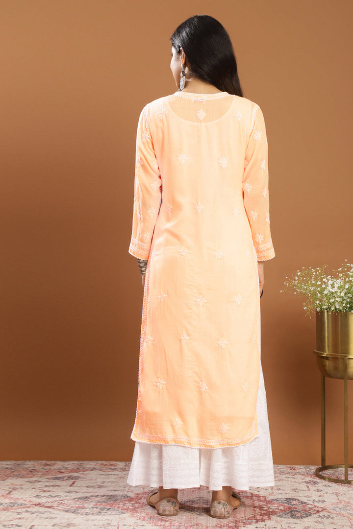 Orange-Mul-Cotton-Chikankari-Designer-Kurta-With-Slip