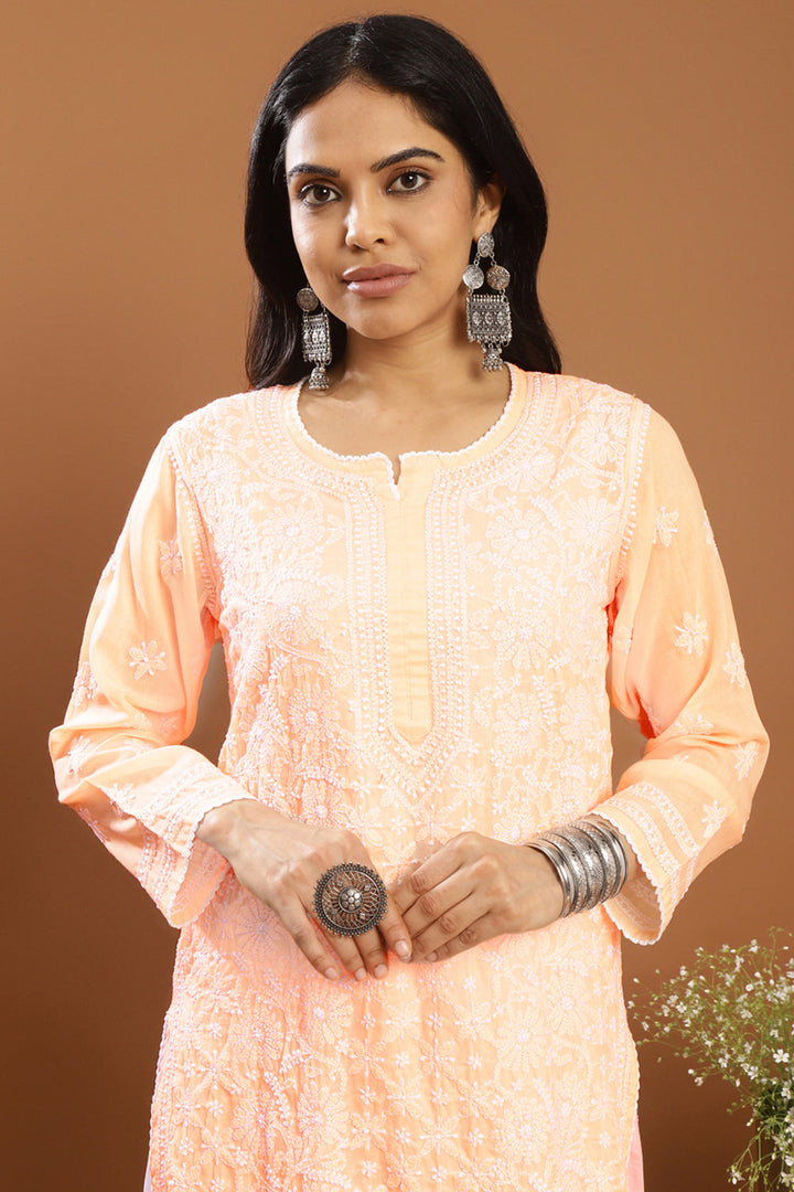 Orange-Mul-Cotton-Chikankari-Designer-Kurta-With-Slip