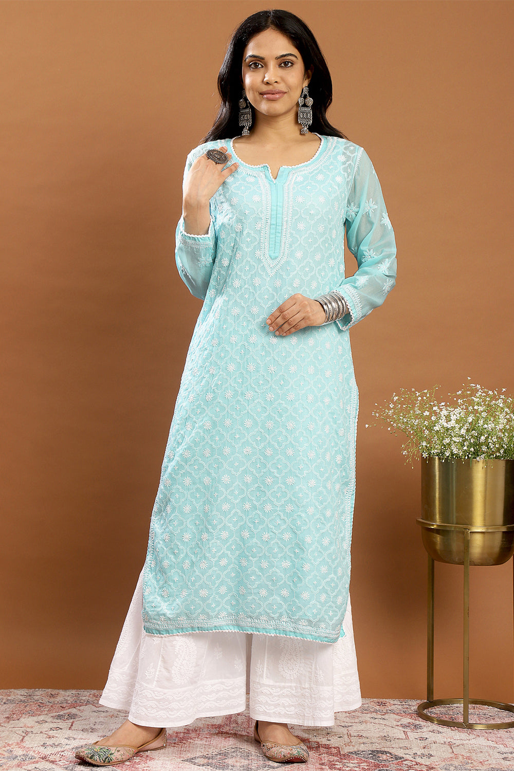 Blue-Cotton-Chikankari-Designer-Kurta-With-Slip