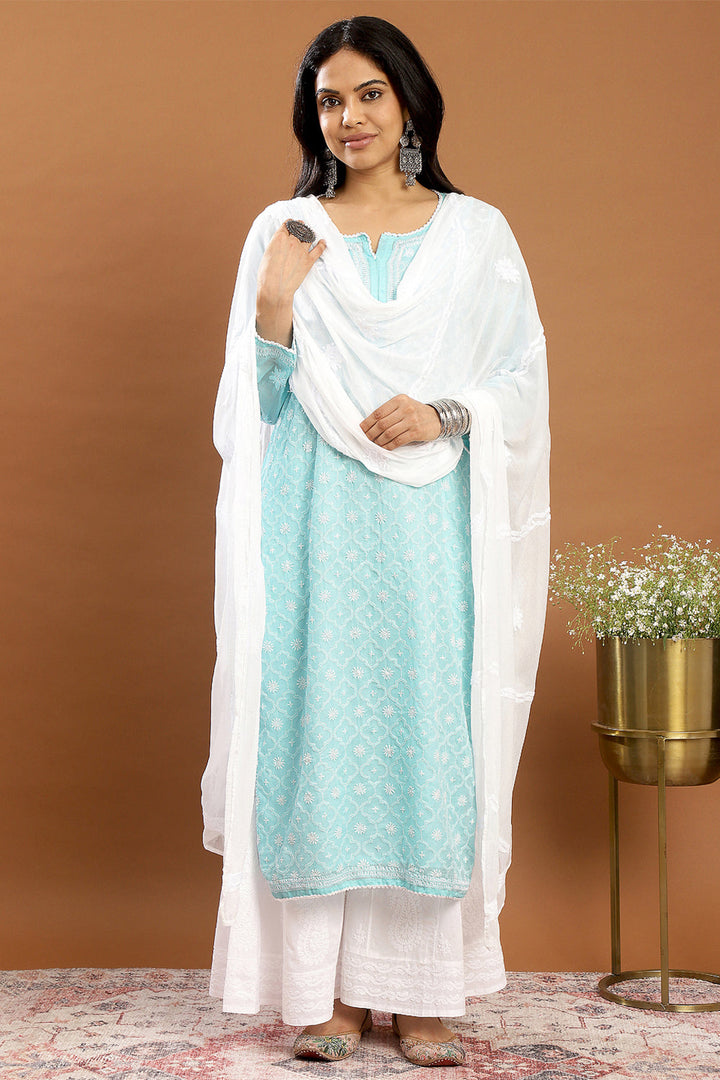 Blue-Cotton-Chikankari-Designer-Kurta-With-Slip