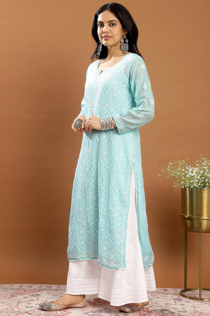 Blue-Cotton-Chikankari-Designer-Kurta-With-Slip