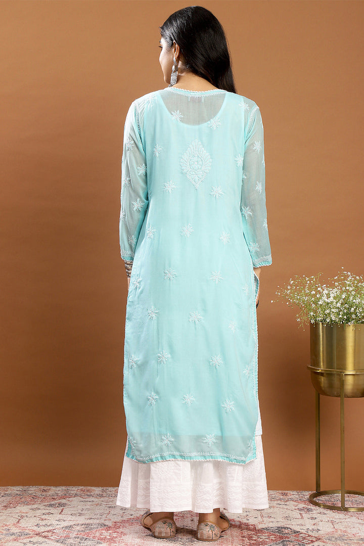 Blue-Cotton-Chikankari-Designer-Kurta-With-Slip