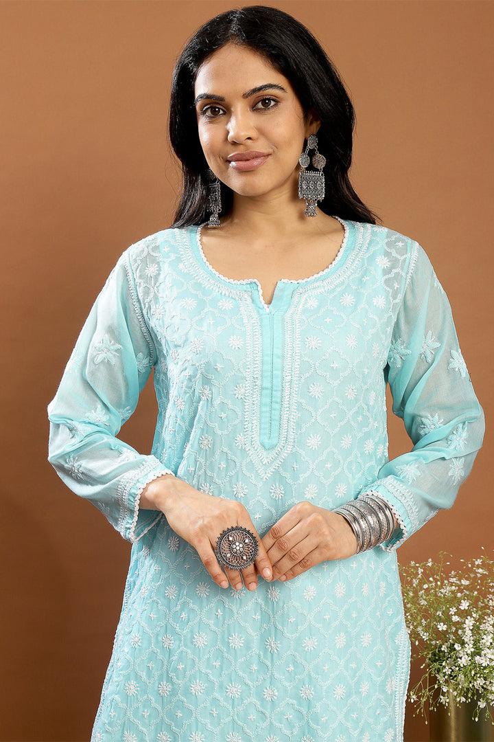 Blue-Cotton-Chikankari-Designer-Kurta-With-Slip