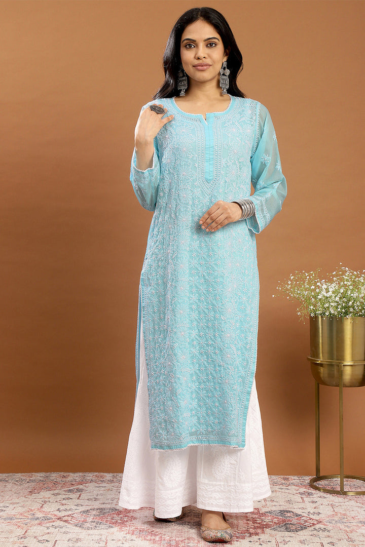 Blue-Mul-Cotton-Chikankari-Designer-Kurta-With-Slip