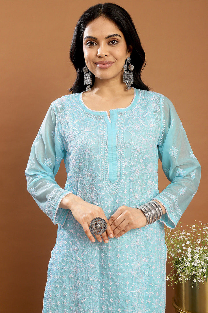 Blue-Mul-Cotton-Chikankari-Designer-Kurta-With-Slip