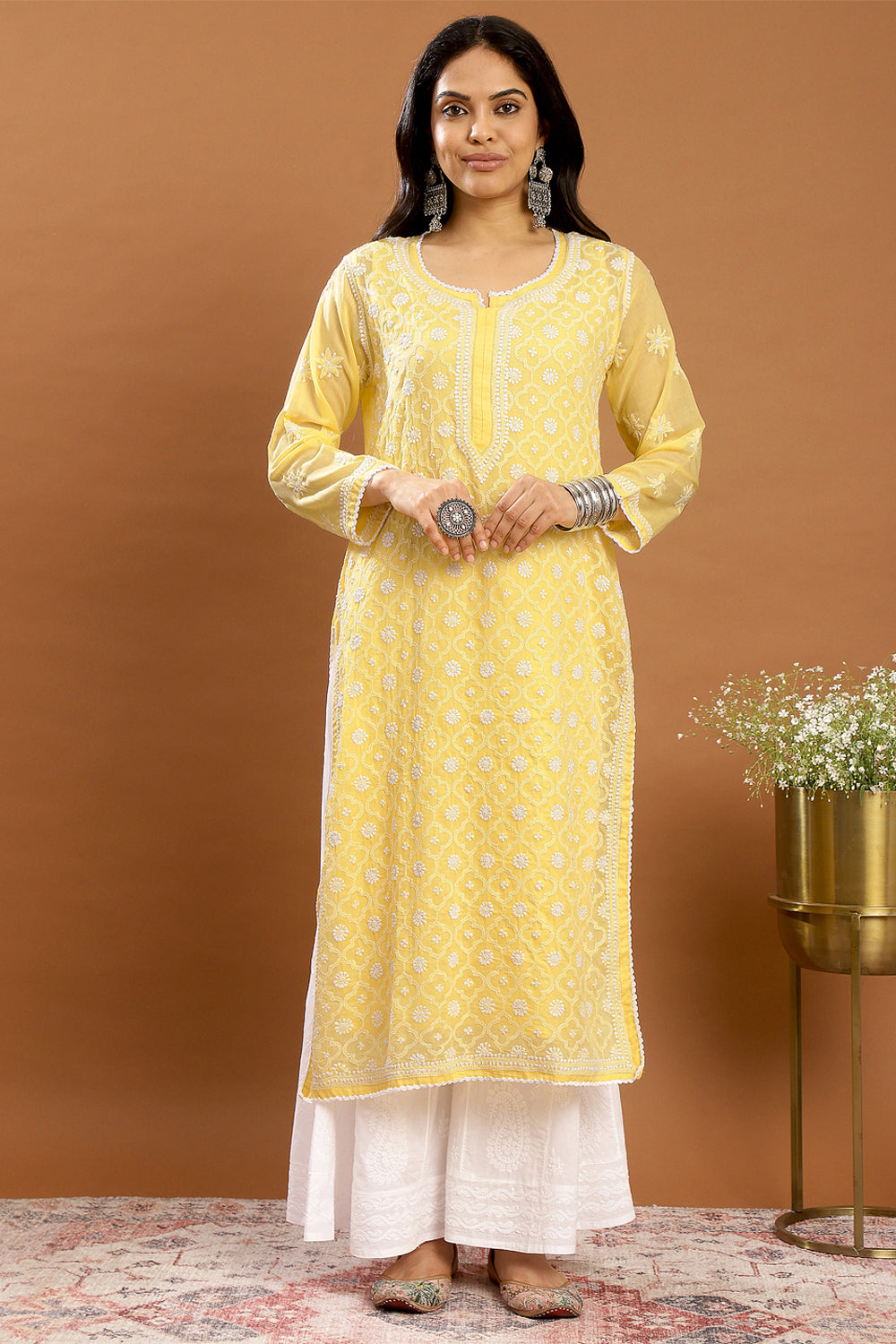 Yellow-Mul-Cotton-Chikankari-Designer-Kurta-With-Slip