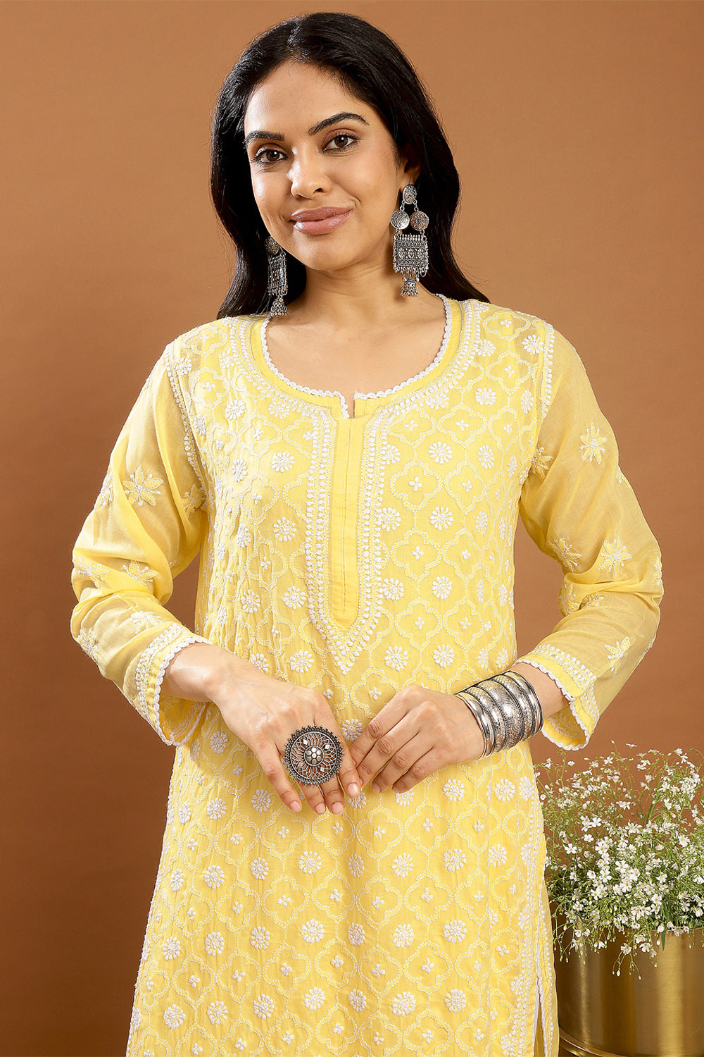 Yellow-Mul-Cotton-Chikankari-Designer-Kurta-With-Slip