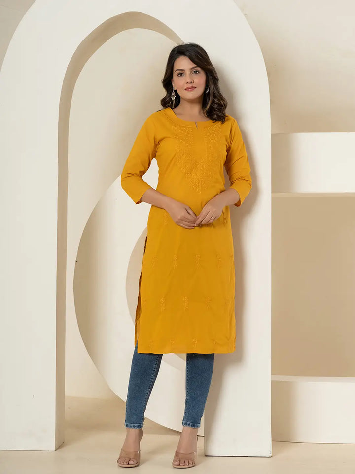 Mustard-Yellow-Cotton-Chikankari-Straight-Kurta