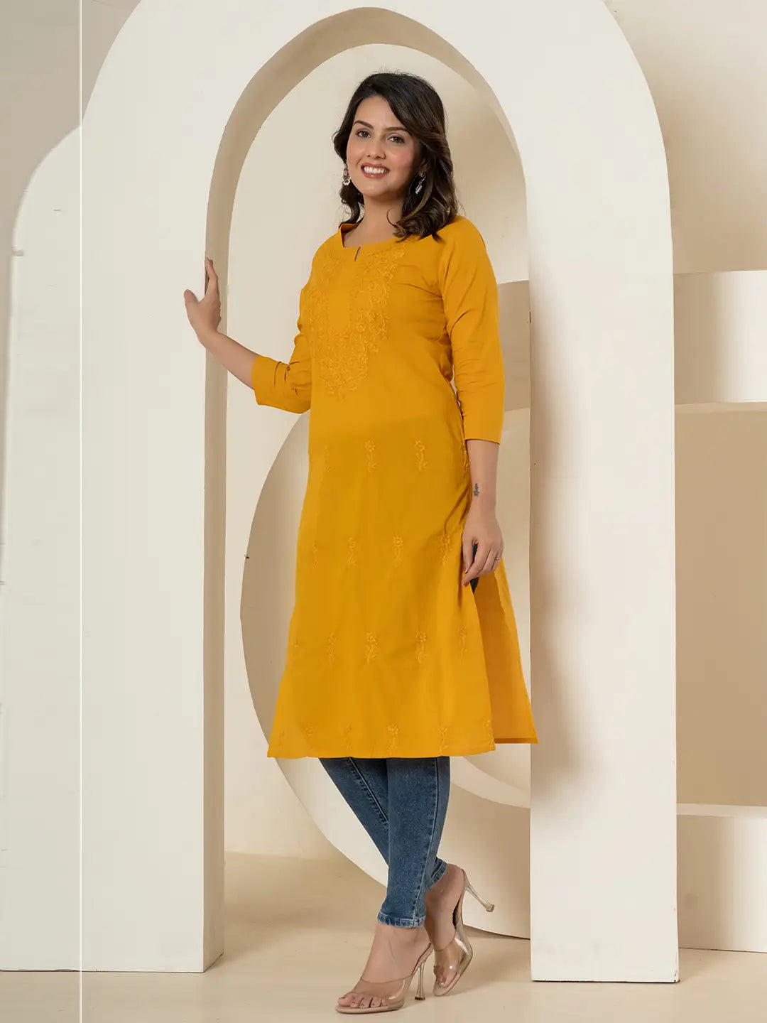 Mustard-Yellow-Cotton-Chikankari-Straight-Kurta