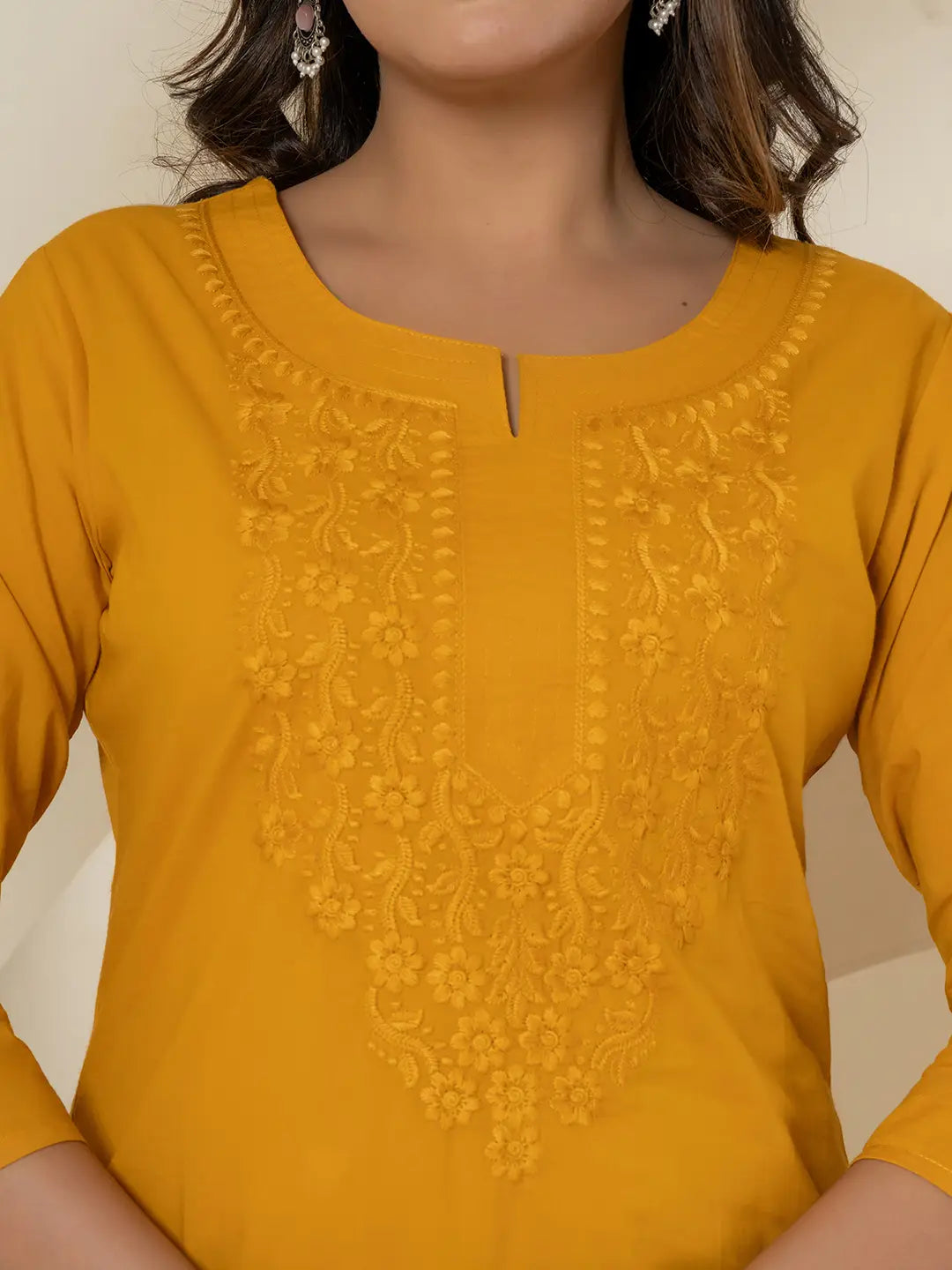 Mustard-Yellow-Cotton-Chikankari-Straight-Kurta