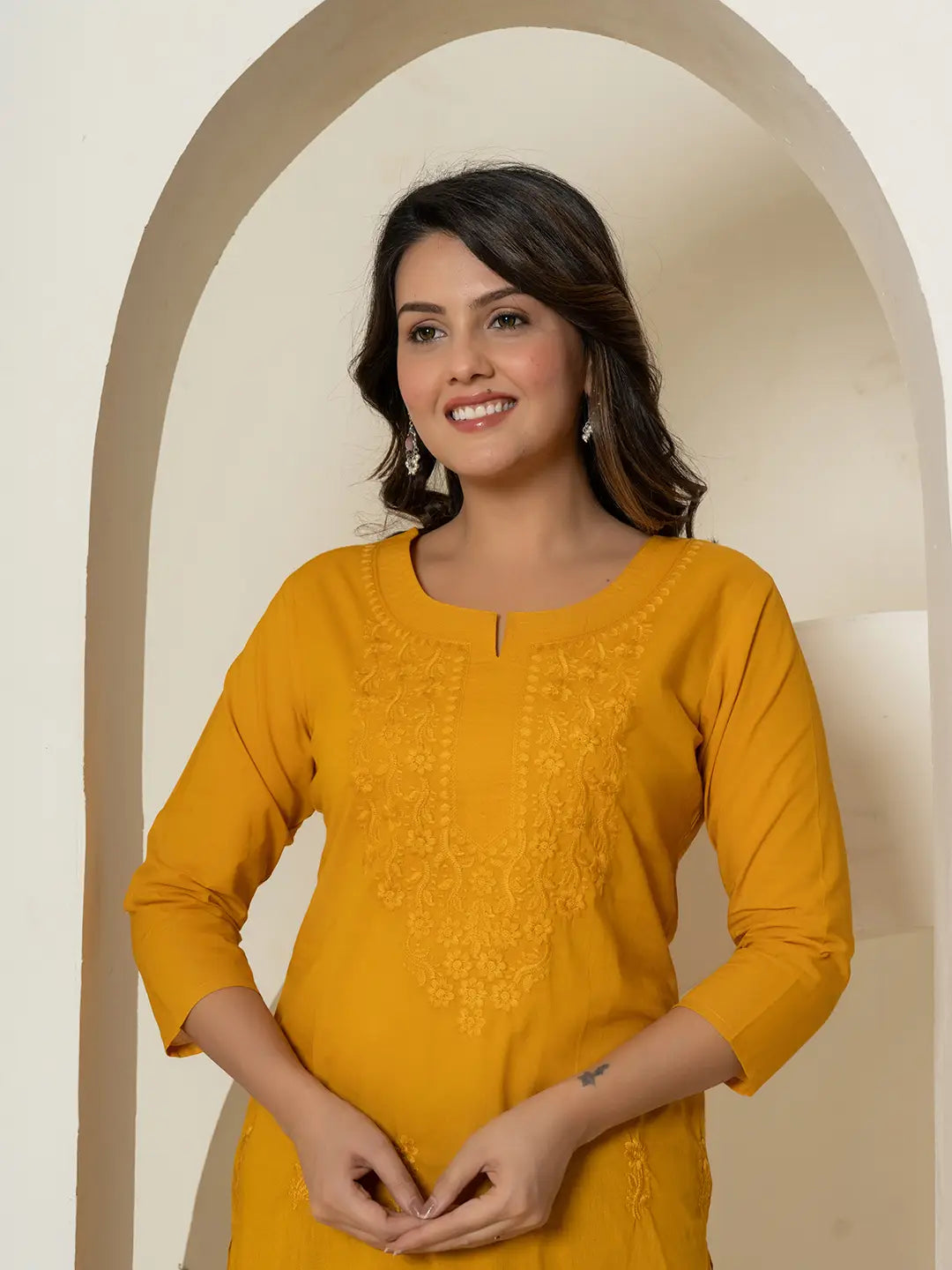 Mustard-Yellow-Cotton-Chikankari-Straight-Kurta