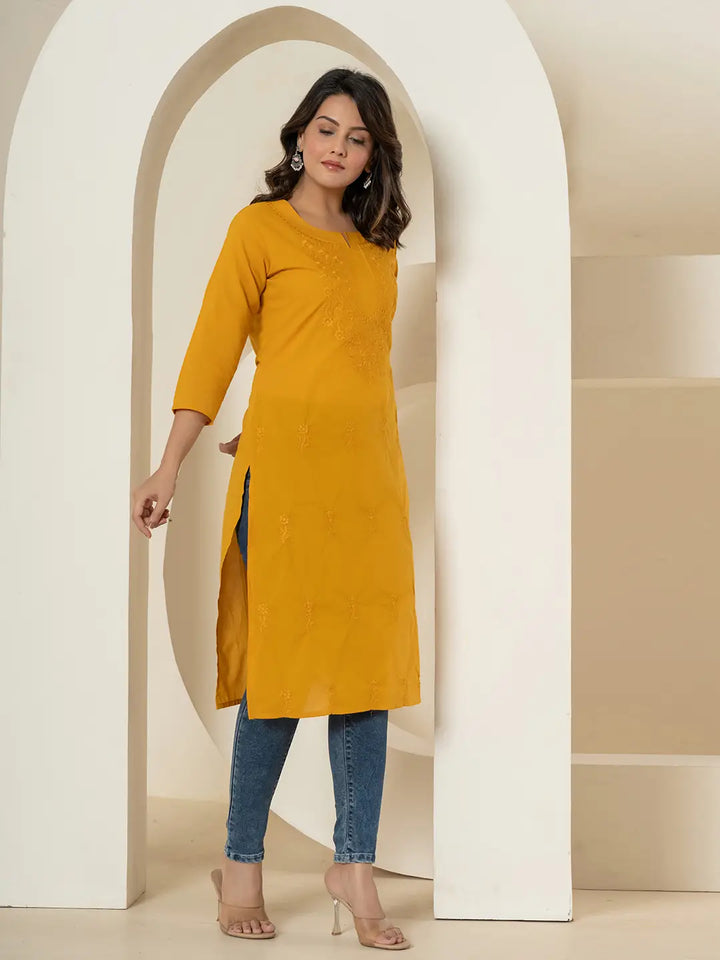 Mustard-Yellow-Cotton-Chikankari-Straight-Kurta