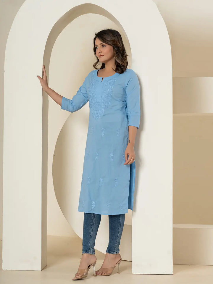 Sky-Blue-Cotton-Chikankari-Straight-Kurta