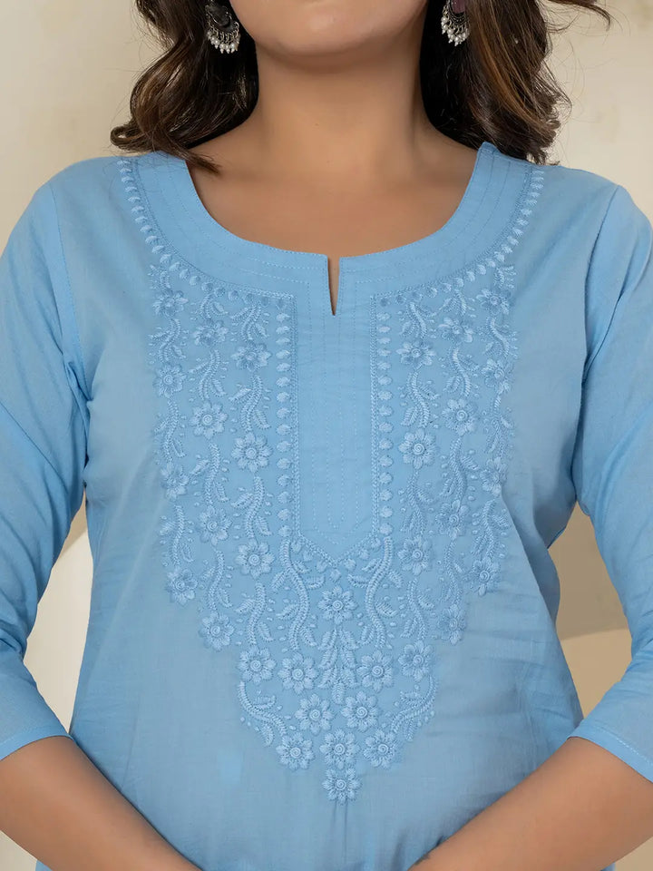 Sky-Blue-Cotton-Chikankari-Straight-Kurta