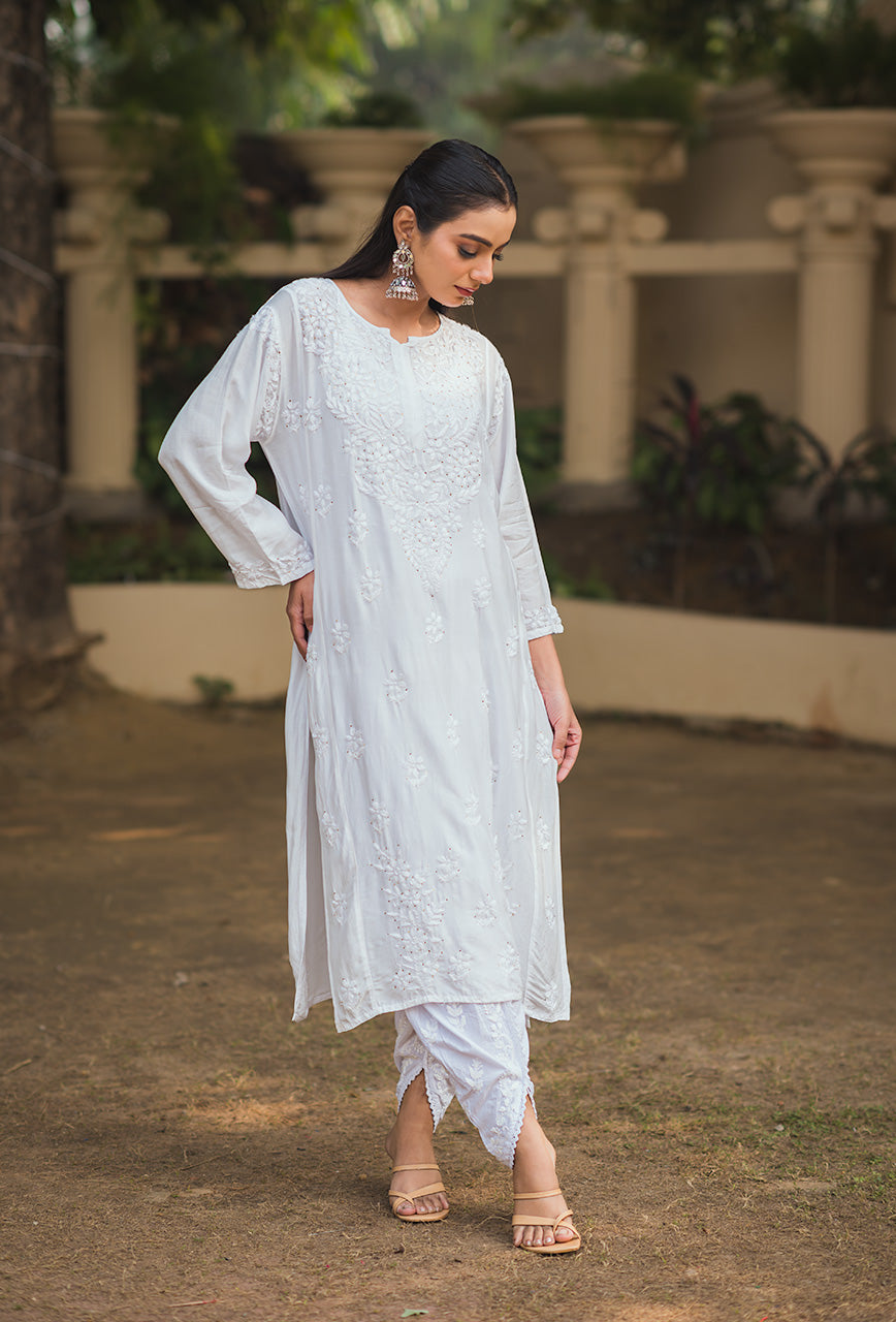 Rosy-White-Muslin-Chikankari-Mukaish-kurta