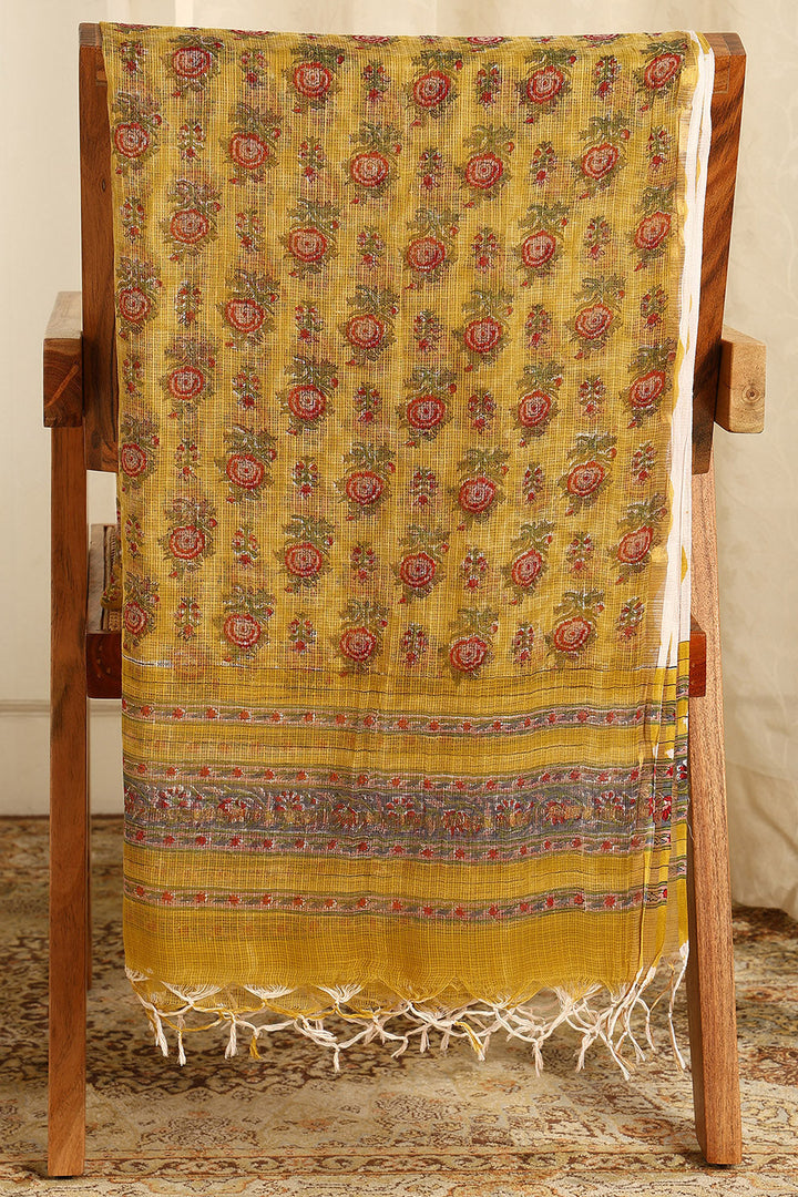 Mustard-Yellow-&-Maroon-Kota-Doria-Printed-Dupatta