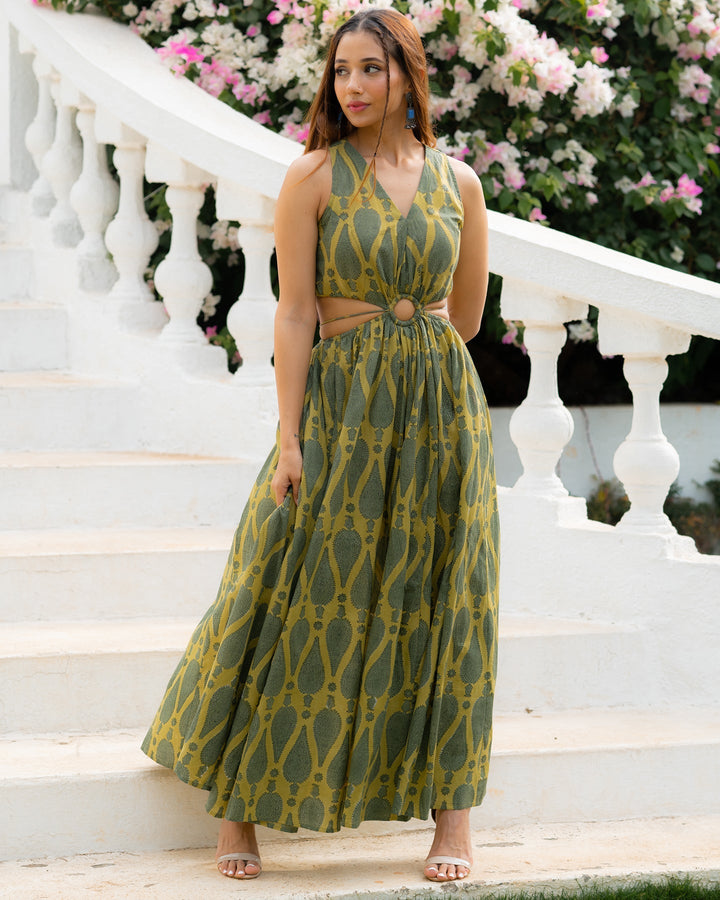 Green-Cotton-Hand-Blocked-Kairi-Maxi-Dress