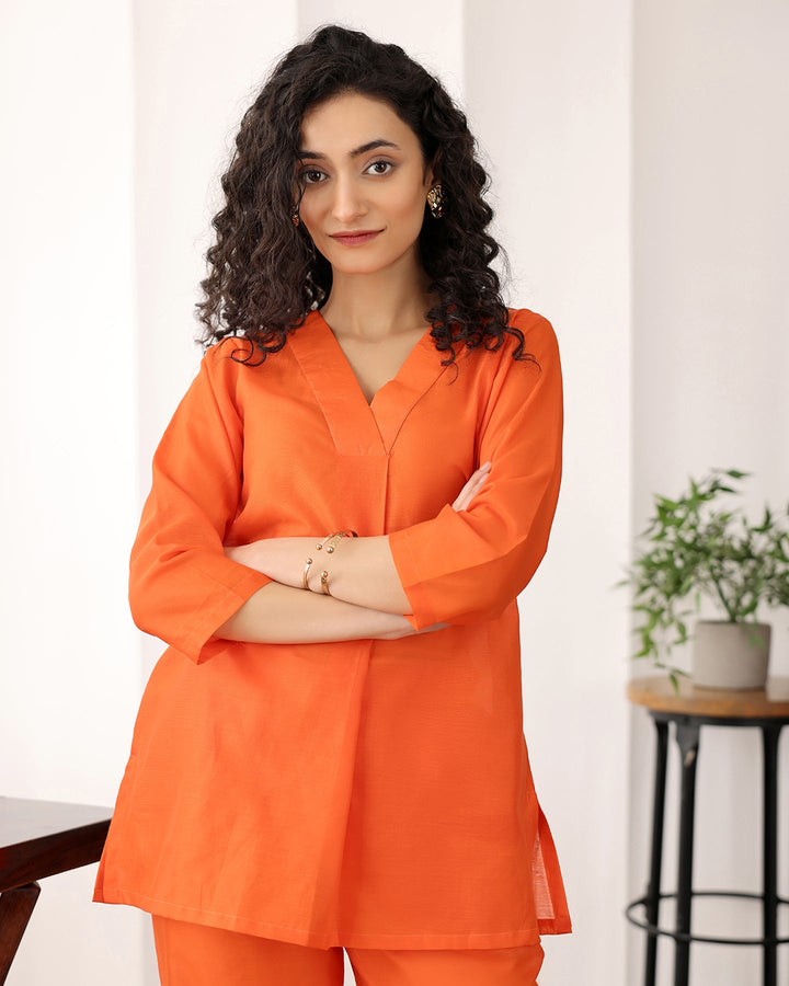 Orange-Chanderi-Silk-V-Neck-Co-Ord-Set