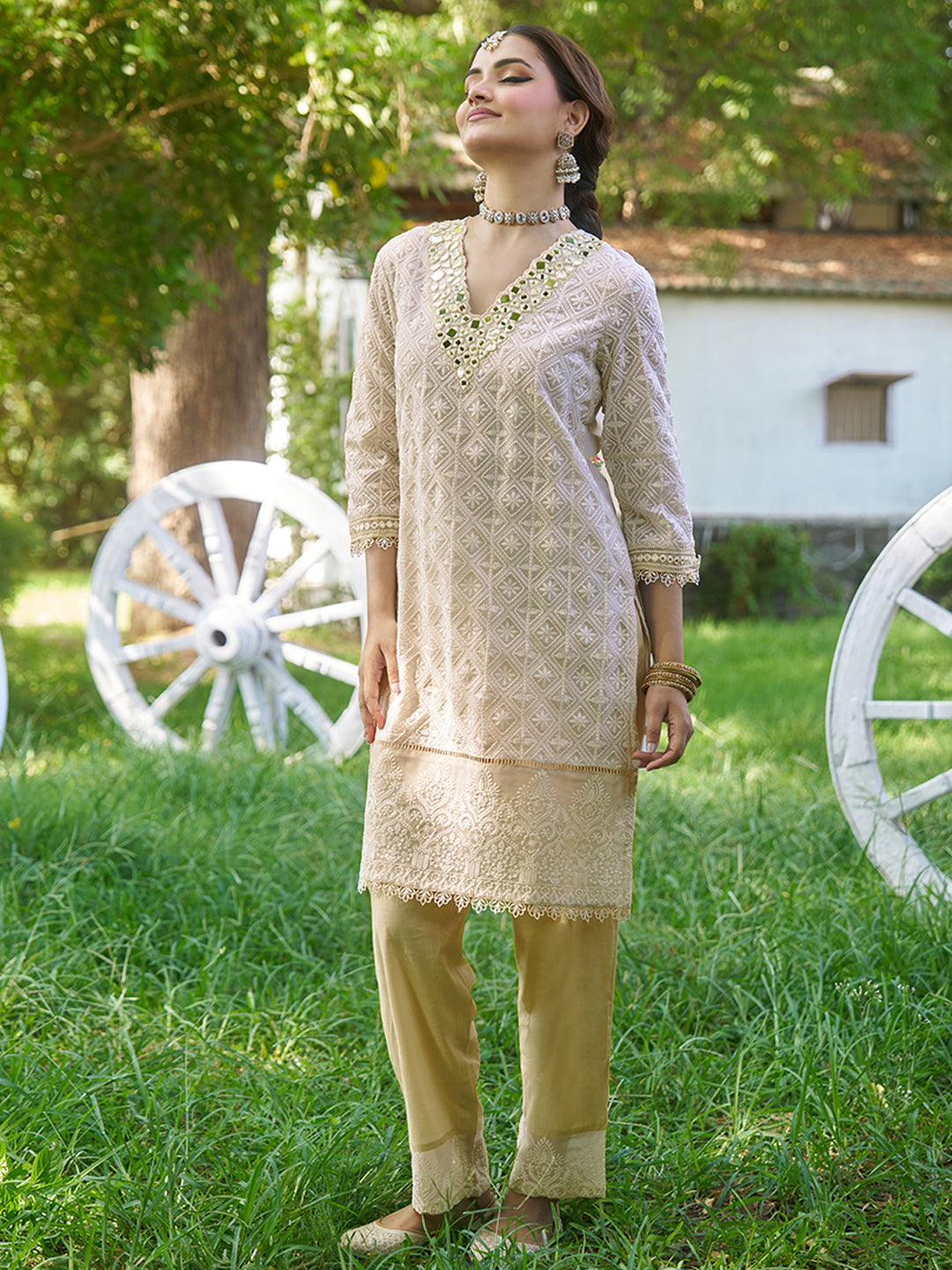 Biege-Viscose-Schiffli-Embroidered-2-Piece-Kurta-Set