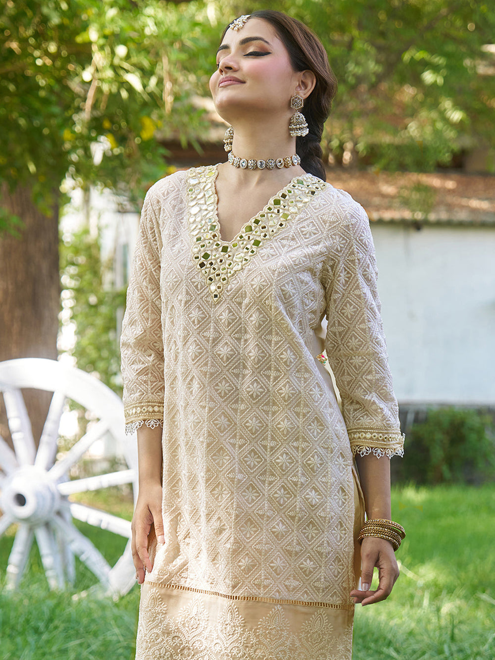 Biege-Viscose-Schiffli-Embroidered-2-Piece-Kurta-Set