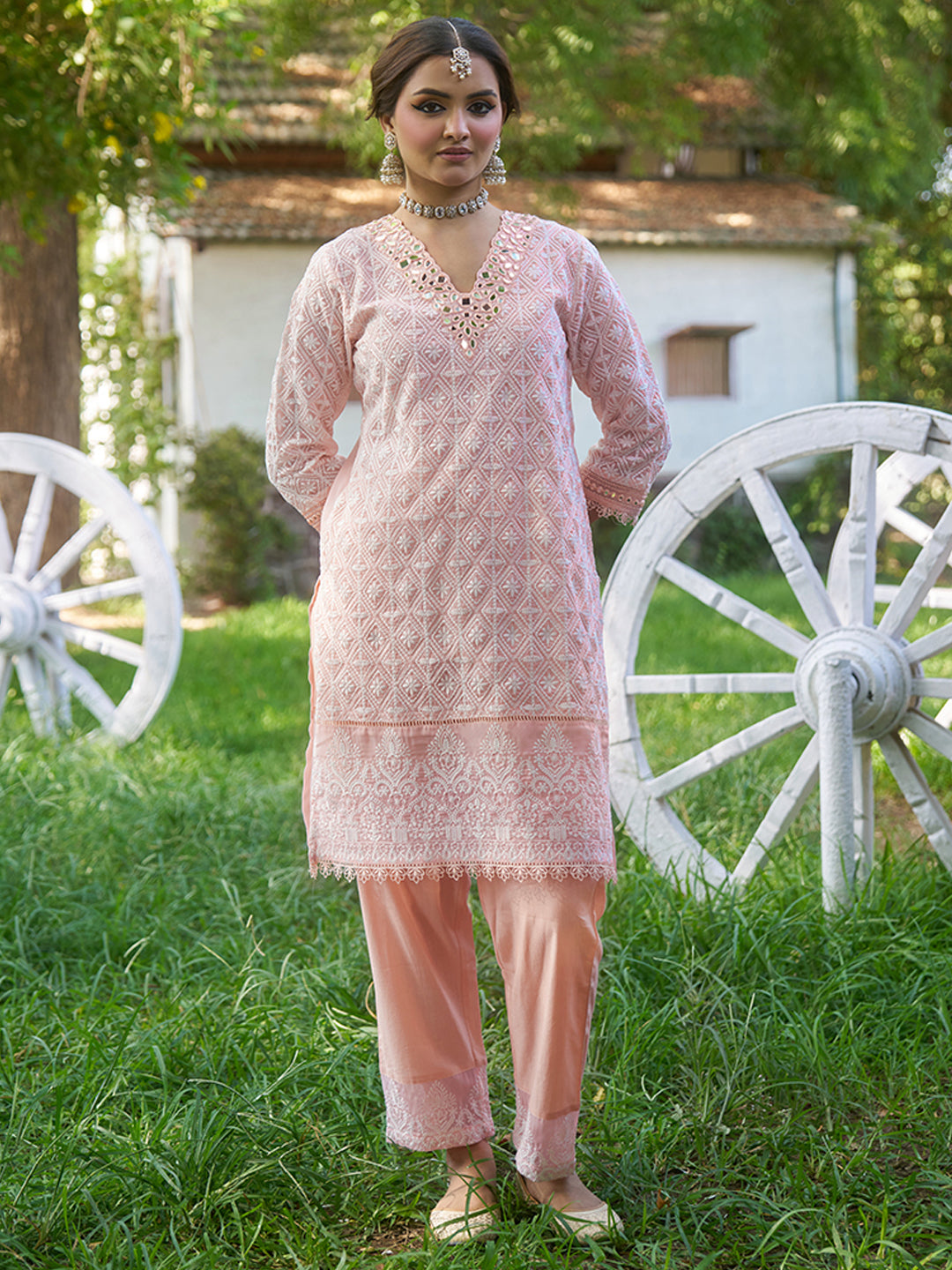 Peach-Viscose-Schiffli-Embroidered-2-Piece-Kurta-Set