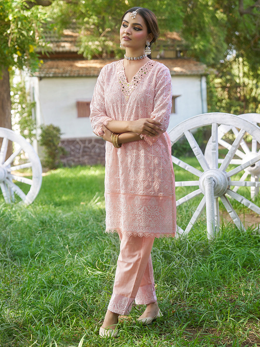 Peach-Viscose-Schiffli-Embroidered-2-Piece-Kurta-Set
