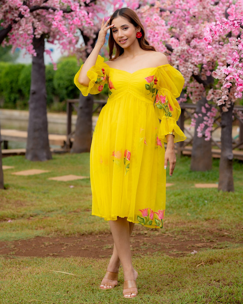 Yellow-Organza-Hand-Painted-Maxi-Dress