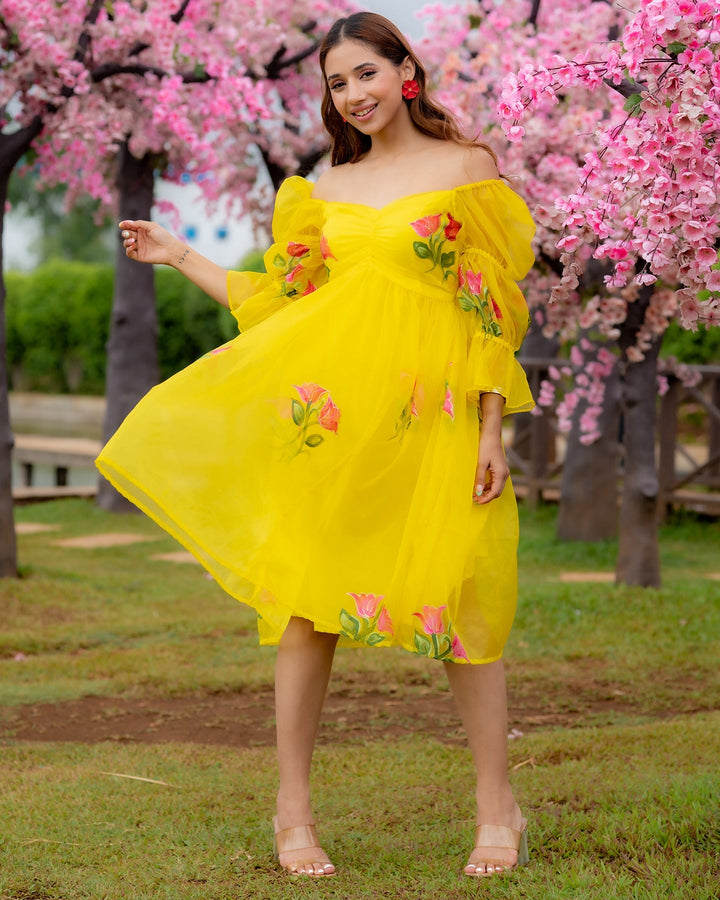 Yellow-Organza-Hand-Painted-Maxi-Dress