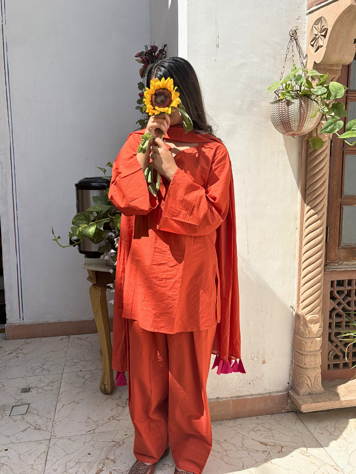 Orange Short Kurta &amp; Farshi Shalwar Set