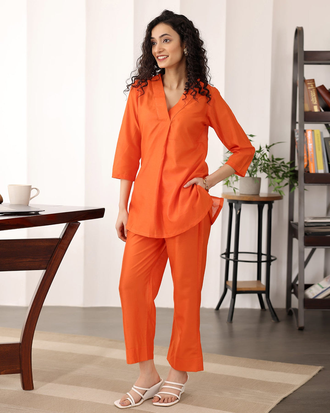 Orange-Chanderi-Silk-V-Neck-Co-Ord-Set